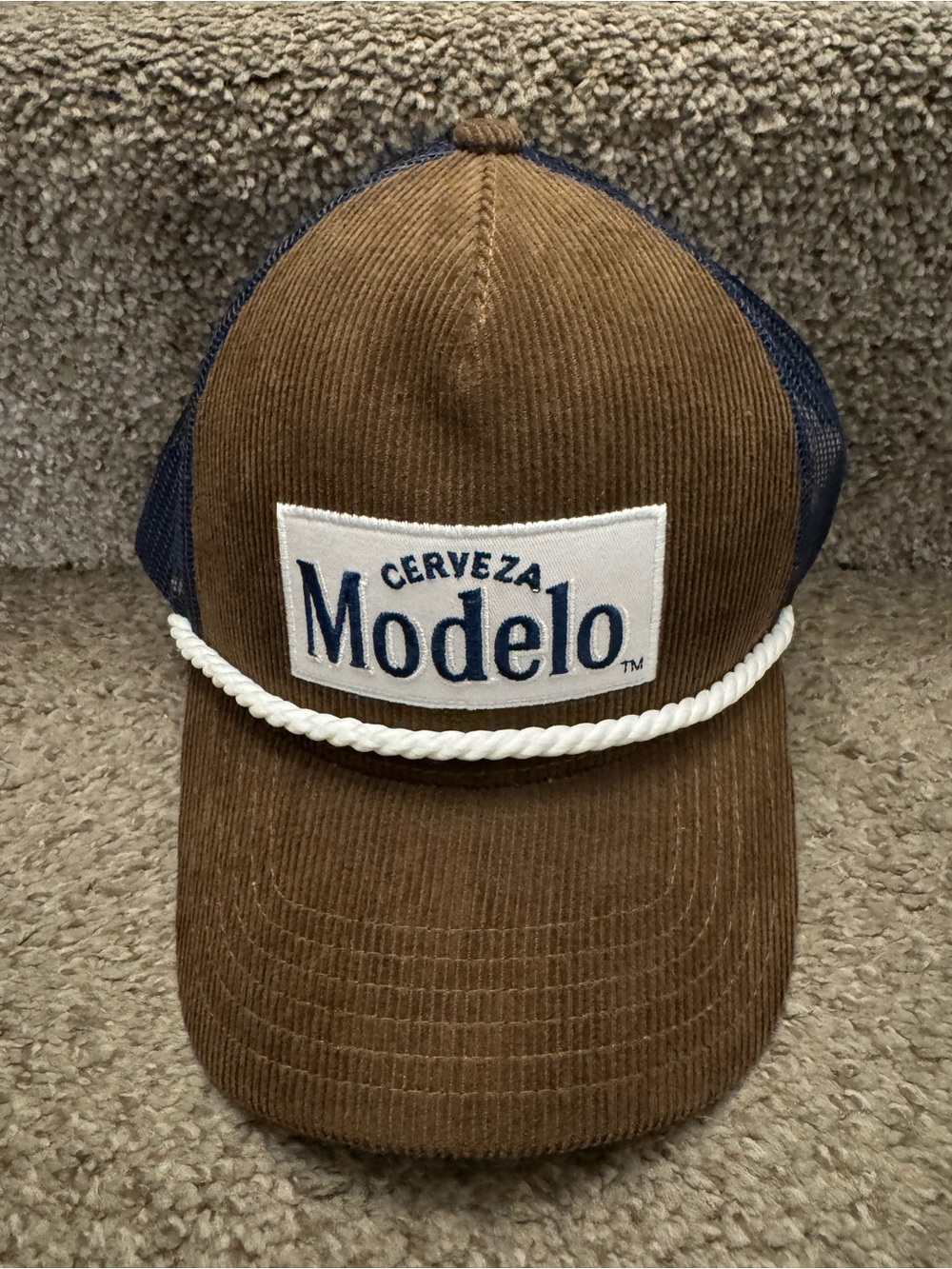 Cerveza Modelo Brown and Blue Trucker Hat Corduroy Mesh Snap Back NWT